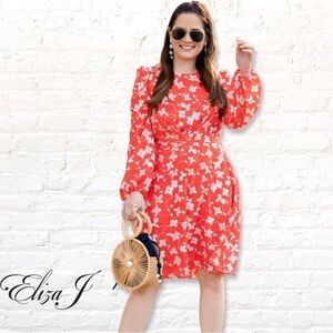 Eliza J Floral Long Sleeve Floral Crepe Dress In Flame Orange Size 2 NEW